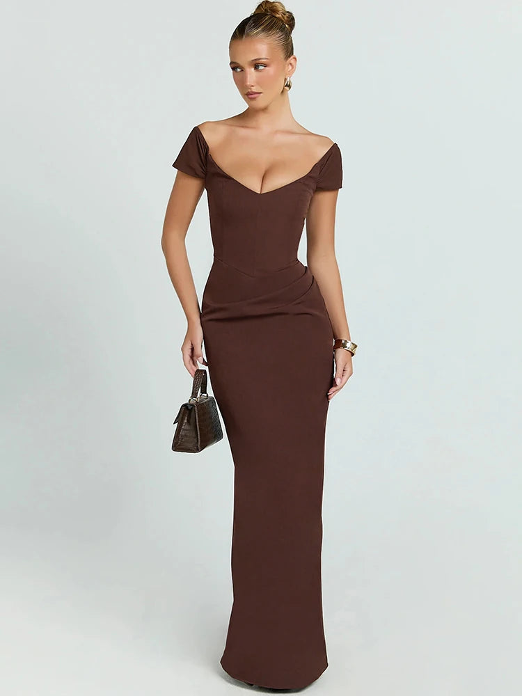 V Neck Short Sleeve Sexy Maxi Dress Women Elegant Off-shoulder Backless Back Split Bodycon Club Party Long Dress