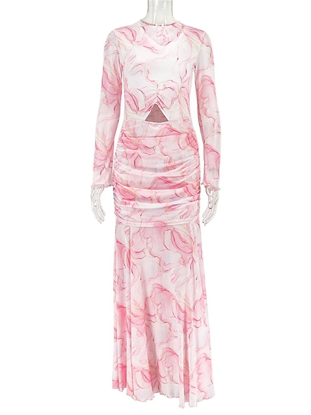 Gradient Dress Women Elegant Mesh Chic O-Neck Full Sleeve Hollow Ruched Peach Hip Holiday Beach Party Stretch Bodycon