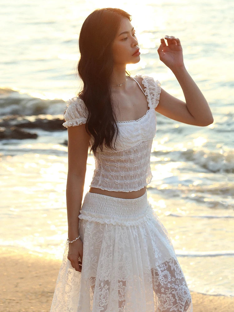 Jacquard Patchwork 2-Piece Set Women Lace Bandage Crop Tops+High Slits Skinny Skirt Beach Vacation Matching Clubwear