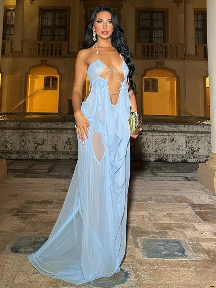 See Through Mesh Halterneck Ruched Maxi Dress Summer 2026 Woman Clothes Sexy Beach Dresses Vacation Outfits