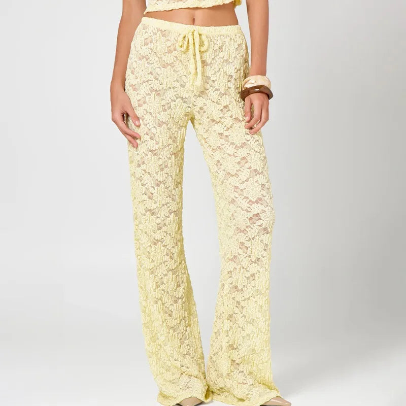 Two Piece Set Yellow Sheer Lace Co-Ord Cropped Top and Wide Leg Pants Summer Vacation Outfits Women 2026