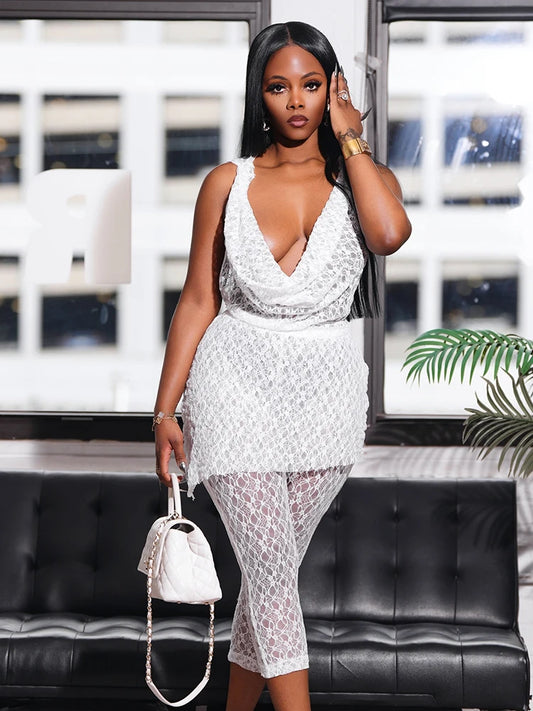 Sexy See Through 2 Piece Set Women Hooded Swing Collar Backless Tops+Skinny Bottoms Midnight Club Party Trend Outfits