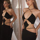 Strapless Metal Ring Cut Out Maxi Dress Women Black Halter Low Cut Backless Hollow Out Bodycon Sexy Party Long Dress
