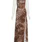 Leopard Print Maxi Dress Women High-Side Splits Backless Sleeveless Low-Neck Skinnybeach Party  Sexy Midnight Vestidos