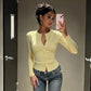 Light Yellow Ribbed Knit Button-up Cardigan Casual Long Sleeve Tops 2026 Fall T Shirts Woman Clothing