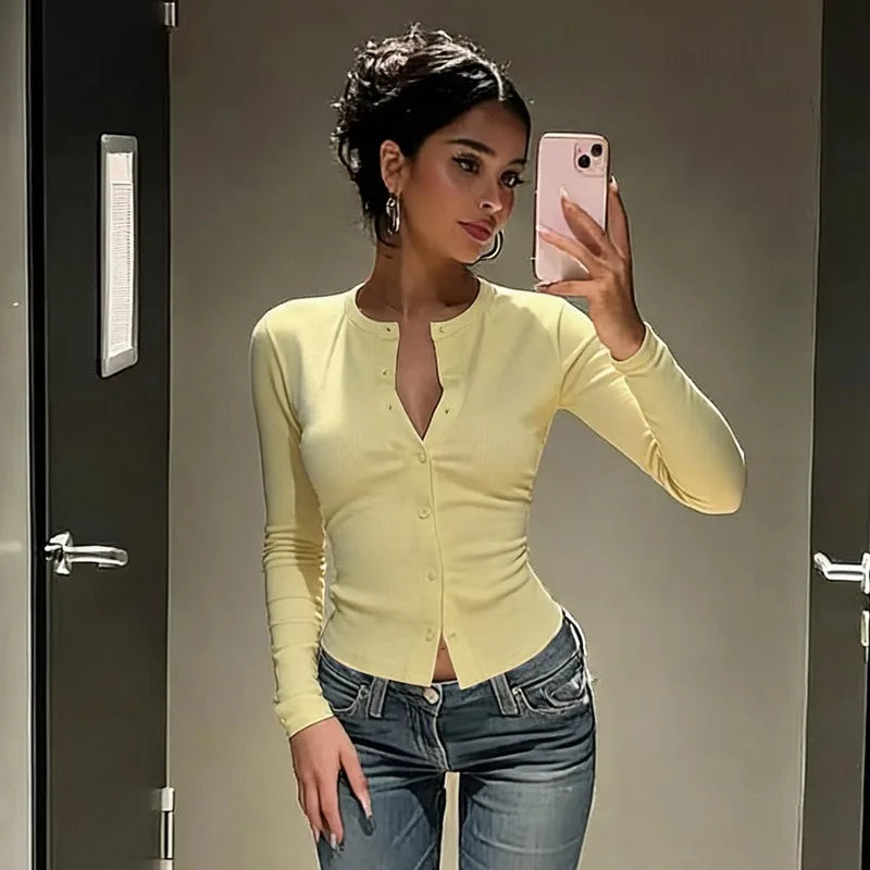 Light Yellow Ribbed Knit Button-up Cardigan Casual Long Sleeve Tops 2026 Fall T Shirts Woman Clothing