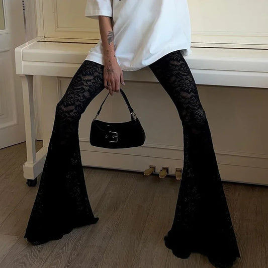 See Through Black Lace Sexy Pants Elastic High Waisted Flare Pants Women 2024 Trend Bell Bottoms Street Wear