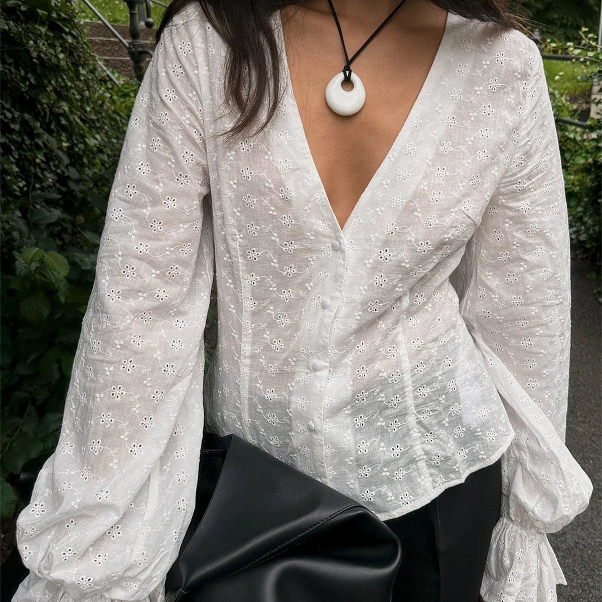 Women's Fall Button Up Blouse Casual Loose Fit Stylish Embroidered Solid Color Eyelet V Neck Long Sleeve Tops