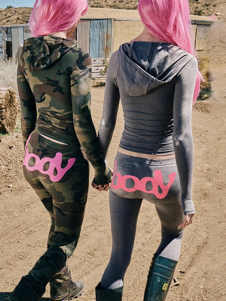 Letter Print 2 Piece Set Women Tracksuit Hooded Jacket+Leggings Matching Stretch Streetwear Casual Sporty Outfits