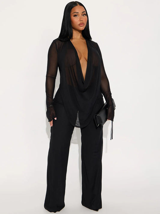 See Through Women 2 Piece Set Sexy Coquette Full Sleeve Swing Collar Tees+Straight Pants Simple Matching Clubwear