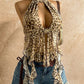 Sexy Print Backless Tank Top Women Hottie Halter Bandages Metal Buckle Hollow Irregular Hem Fashion Vacation Vest