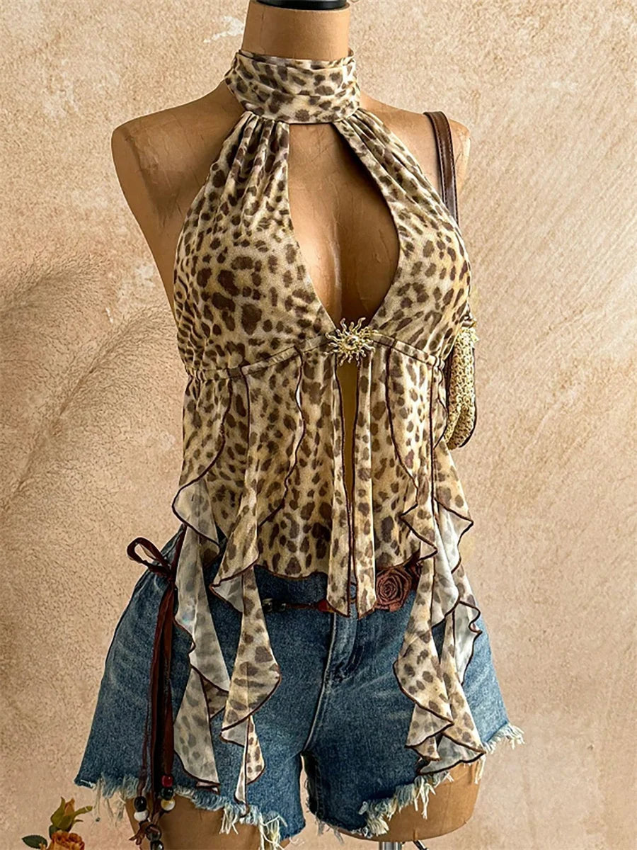 Sexy Print Backless Tank Top Women Hottie Halter Bandages Metal Buckle Hollow Irregular Hem Fashion Vacation Vest