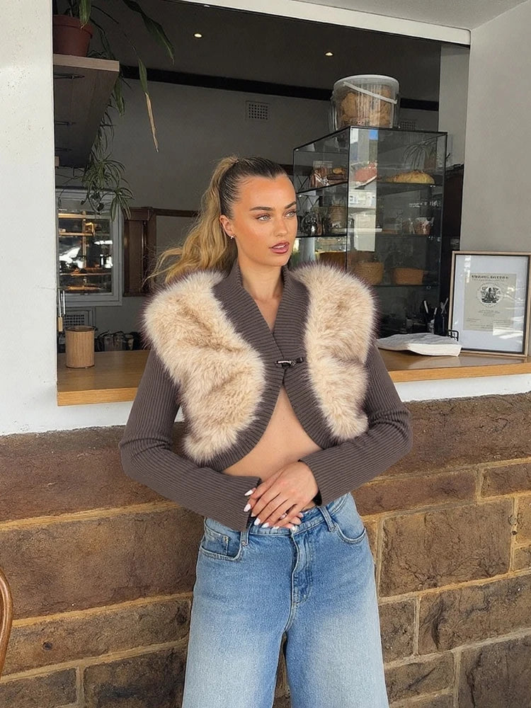 Sexy Fluffy Crop Tops Women Patchwork Single Buckle Casual Streetwear Fall Trend Skinny Casual Elegant Cardigan Coat