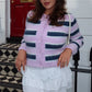 Women Fuzzy Mohair Knit Cardigan Striped Round Neck Button Front Cropped Sweater Long Sleeve Y2K Retro Streetwear Jacket
