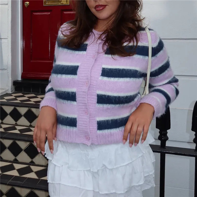 Women Fuzzy Mohair Knit Cardigan Striped Round Neck Button Front Cropped Sweater Long Sleeve Y2K Retro Streetwear Jacket