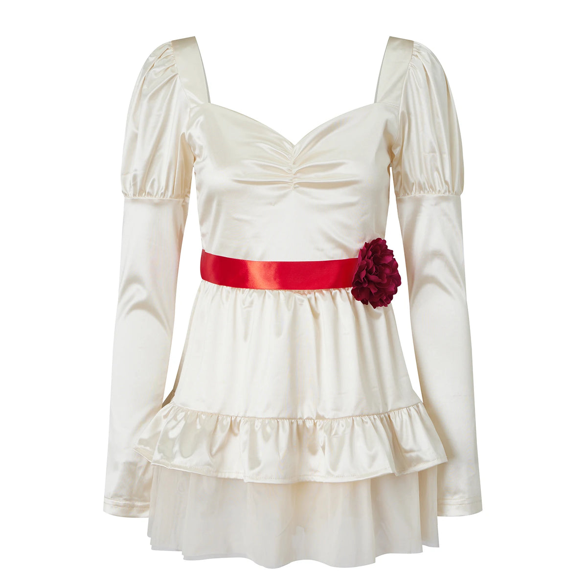 Women Doll Cosplay Costume Satin Puff Long Sleeve Mini Dress Red Flower Belt Ruffle Tulle Skirt Party Dress