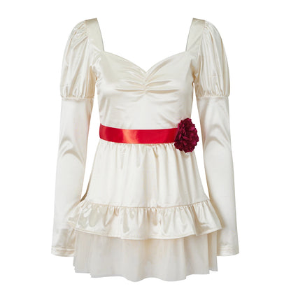 Women Doll Cosplay Costume Satin Puff Long Sleeve Mini Dress Red Flower Belt Ruffle Tulle Skirt Party Dress