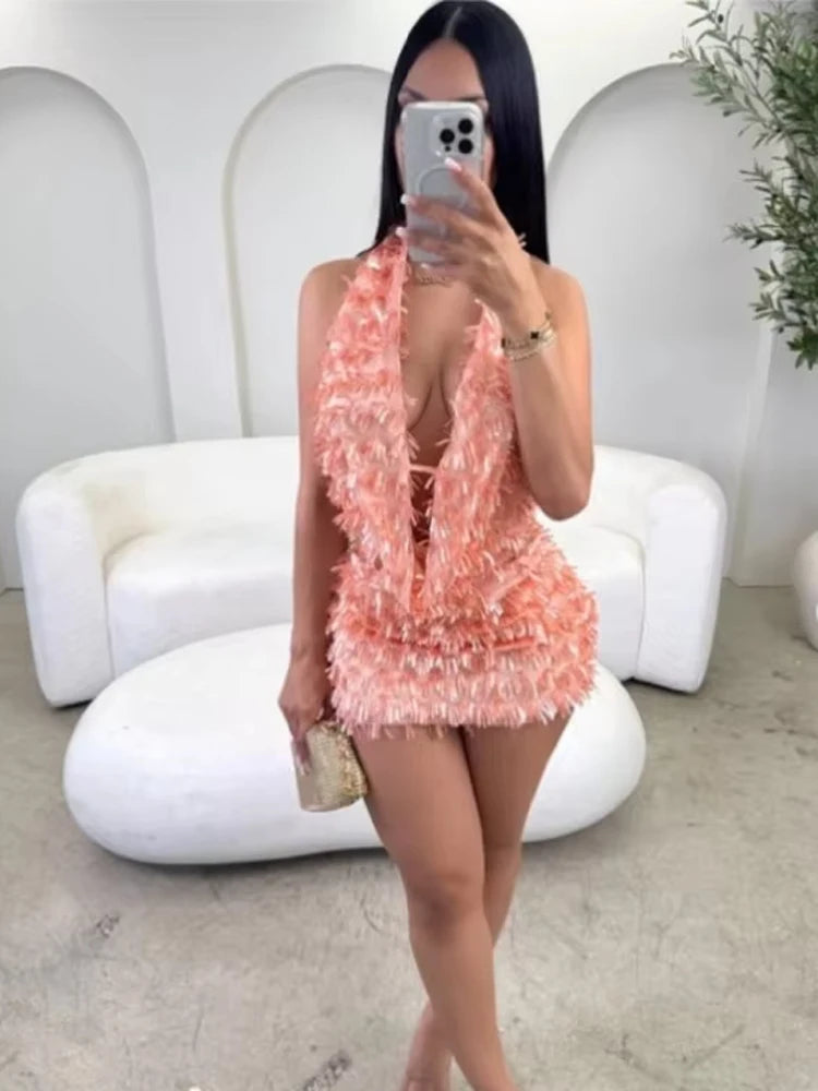 Sequin Tassels 2 Piece Set Women Swing Collar Tank Tops+Peach Hip Skits Summer Sexy Midnight Birthday Party Clubwear