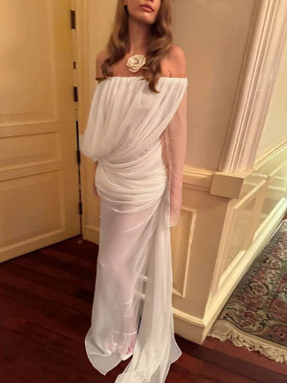 Sexy See Through Dress Women Long Sleeves High Slits Slash Neck Folds Beach Party Vacation Summer Elegant Vestidos