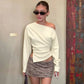 Fashion Asymmetrical Tops Solid Color One Shoulder Split Long Sleeve T Shirts for Woman Clothing Fall 2025