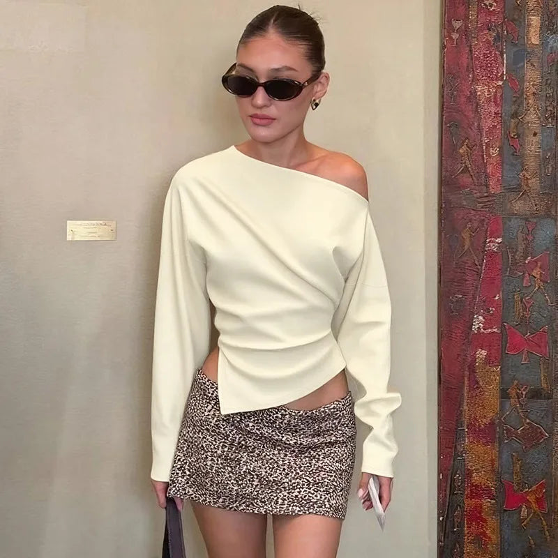 Fashion Asymmetrical Tops Solid Color One Shoulder Split Long Sleeve T Shirts for Woman Clothing Fall 2025