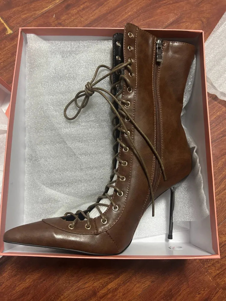 2026Spring/Summer New Lace Up Short Cool Boots Side Zipper Banquet Slimming High Heels Sexy Knee Length Women's Boots