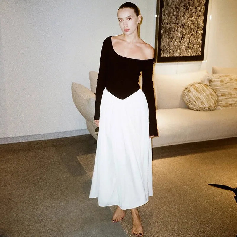 Long Sleeve Maxi Dress with Scarf Elegant Black and White Patchwork Autumn Dresses Woman Clothing 2025