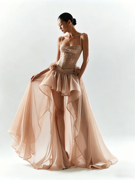 Fashion 2-Piece Set Women Sequin Folds Square Collar Skinny Bodysuits+3d Flower Irregular Hem Skirt Elegant Chic Suit