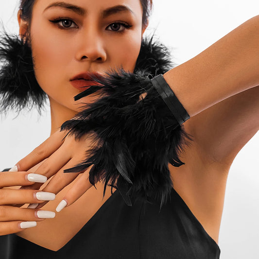 Exaggerated Ostrich Natural Feather Cuff Wrist Sleeve Bracelets for Women Summer Party Boho Adjustable Bangles Y2K Jewelry Gift