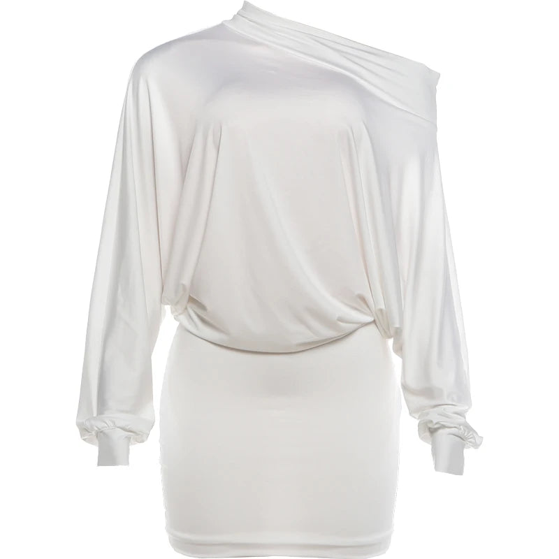 Full Sleeve Diagonal Collar Dress Women Backless Solid See Through Autumn New Fashion Simple Classic Chic Mini Bodycon
