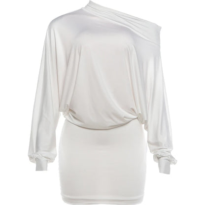 Full Sleeve Diagonal Collar Dress Women Backless Solid See Through Autumn New Fashion Simple Classic Chic Mini Bodycon