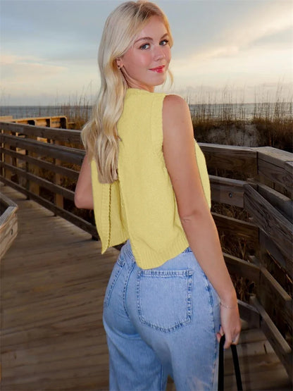 Lace-Up Back Split Tank Top Women 2025 O-Neck Knit Y2K Stretch Simple Solid Sexy Elegant Clubwear Skinny Summer Vest