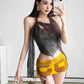 Party Sexy 2Piece Set Women Zip Halter Patchwork Mesh Hollow Vest+Print Metal Ring Tassel Cross Bandage Skirt Summer Suit