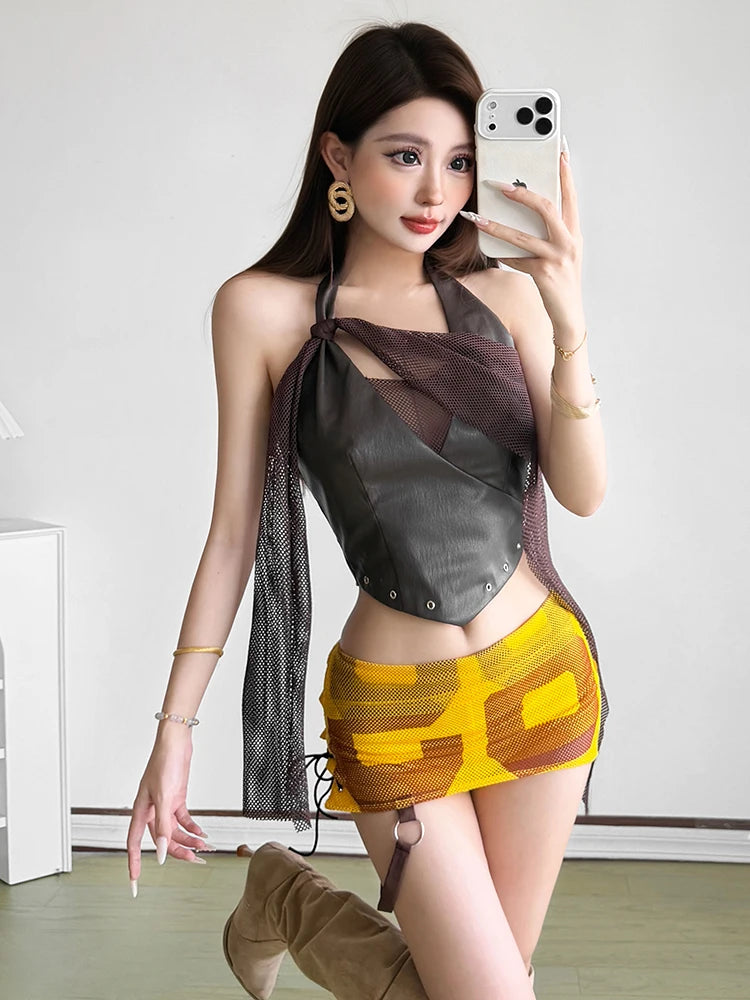 Party Sexy 2Piece Set Women Zip Halter Patchwork Mesh Hollow Vest+Print Metal Ring Tassel Cross Bandage Skirt Summer Suit