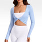 Womens Workout Tops Long Sleeve Deep V Neck Solid Color Twist Front Slim Fit Cropped Shirts for Gym Yoga Ballet Pilates