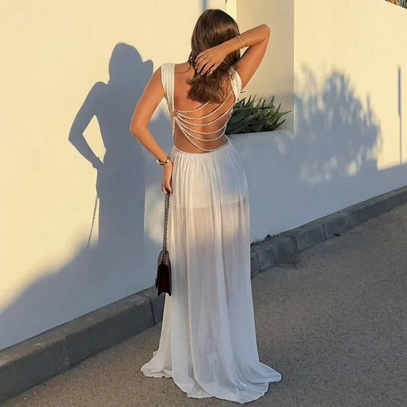See Through Mesh White 2 Piece Set Crop Top and High Slit Maxi Skirt Sexy Birthday Outfit Woman Matching Sets