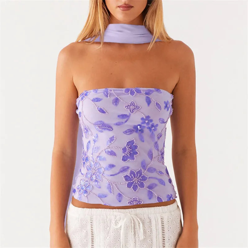 Women Y2K Sequin Tube Top with Scarf Sexy Backless Pearl Embellished Beaded Cami Bling Glitter Rhinestone Camisole