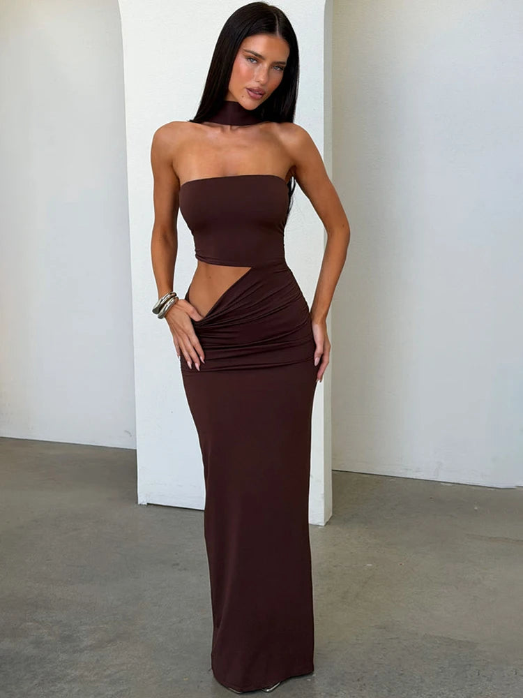 Halter Neck Strapless Sexy Maxi Dress Women Summer Elegant Off-shoulder Ruched Cutout Bodycon Party Long Dresses