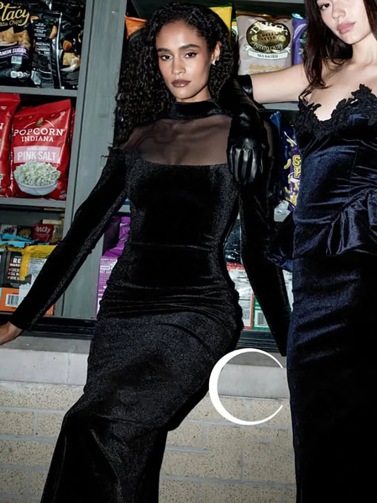 Sheer Off-shoulder Long Sleeve Sexy Maxi Dress Women Gown Elegant Half High Collar Backless Bodycon Club Party Dresses