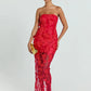 Women Strapless 3D Floral Lace Mermaid Sexy Maxi Dress Sheer Mesh Bodycon Long Dress Wedding Guest Evening Party Gown