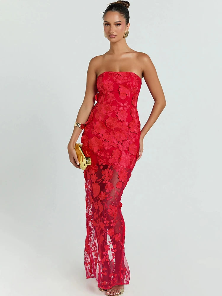Women Strapless 3D Floral Lace Mermaid Sexy Maxi Dress Sheer Mesh Bodycon Long Dress Wedding Guest Evening Party Gown