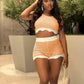 Crochet Stripe Patchwork 2 Piece Set Women Summer Trend Ruffles Hem Tank Tops+Skinny Shorts Street Casual Sporty Suit
