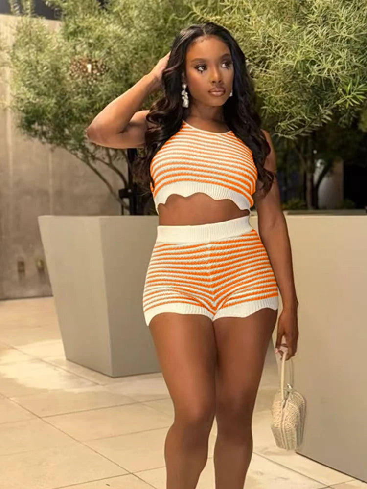 Crochet Stripe Patchwork 2 Piece Set Women Summer Trend Ruffles Hem Tank Tops+Skinny Shorts Street Casual Sporty Suit