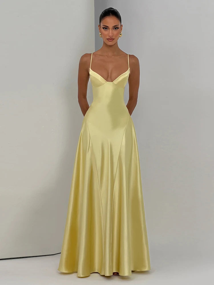 Folds Vacation Chic Satin Maxi Dress Women Low-Neck Sleeveless Skinny Elegant Birthday Party Summer New Trend Vestidos