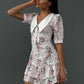 Short Sleeve Floral Mini Dress For Women Robe Turn-down Collar Elegant French Dress Ladies Fashion High Waist Dresses