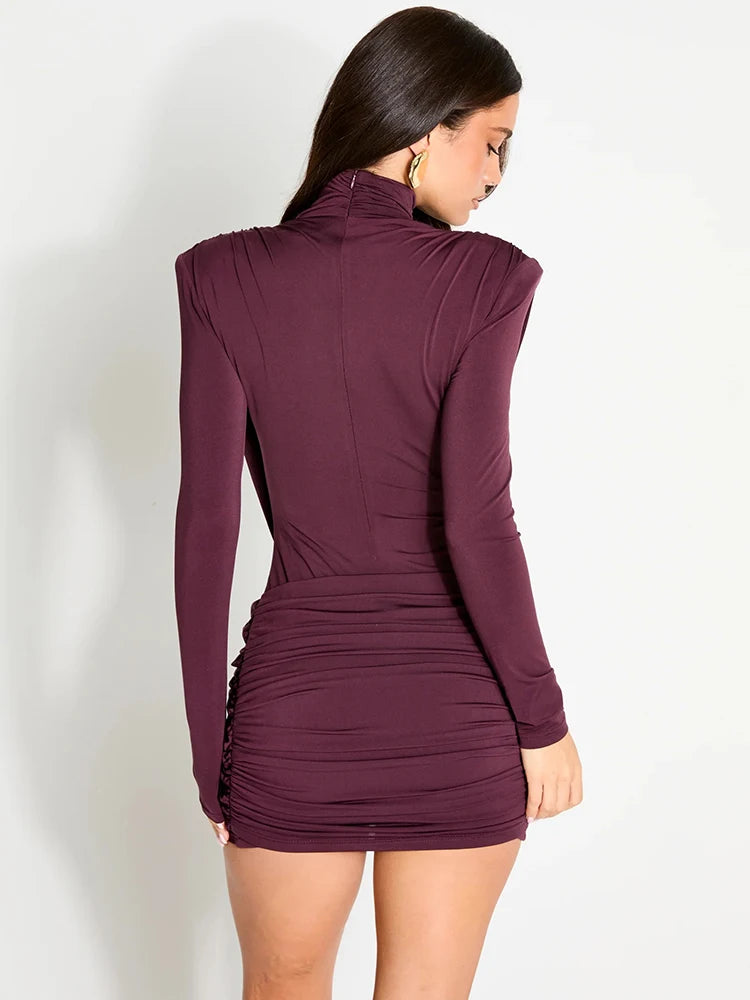 High Neck Shoulder Pads Long Sleeve Sexy Mini Dress Women Draped Cross Front Ruched Slim Bodycon Nightclub Party Dress