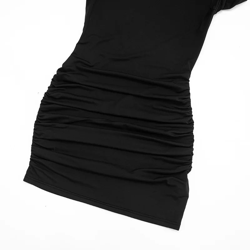 Round Neck Ruffle Long Sleeve Mini Dress Sexy Black Bodycon Dresses for Woman Clothes Fall