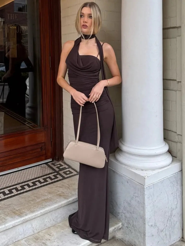 Halter Off-shoulder Sexy Maxi Dress For Women Coffee Strapless Sleeveless Backless Bodycon Club Party Long Dresses