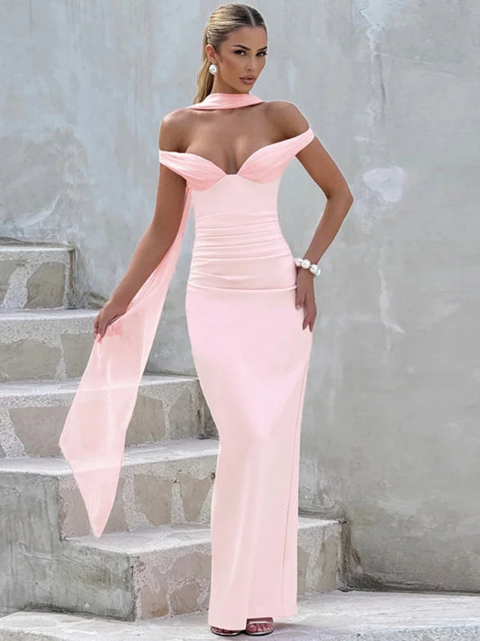 Sexy Off Shoulder Backless Long Maxi Dresses Wedding Guest Party Pink Dress Woman Elegant Evening Gown