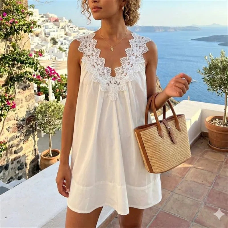 French Style Lace V Neck Sleeveless Mini Dress for Women Summer Casual Loose A Line Short Sundress for Beach Holiday